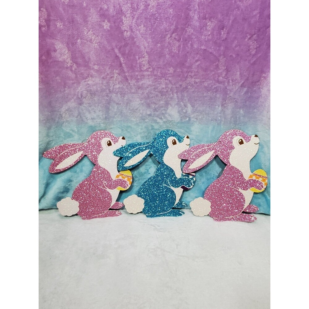 3 Mixed Lot Bundle Glitter Pink Blue Rabbit Easter Decor Sign 10 1/2"